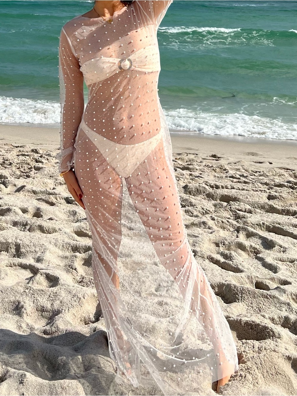 Sheer bridal pearl long sleeve swim cover up - Picture 1 of 4